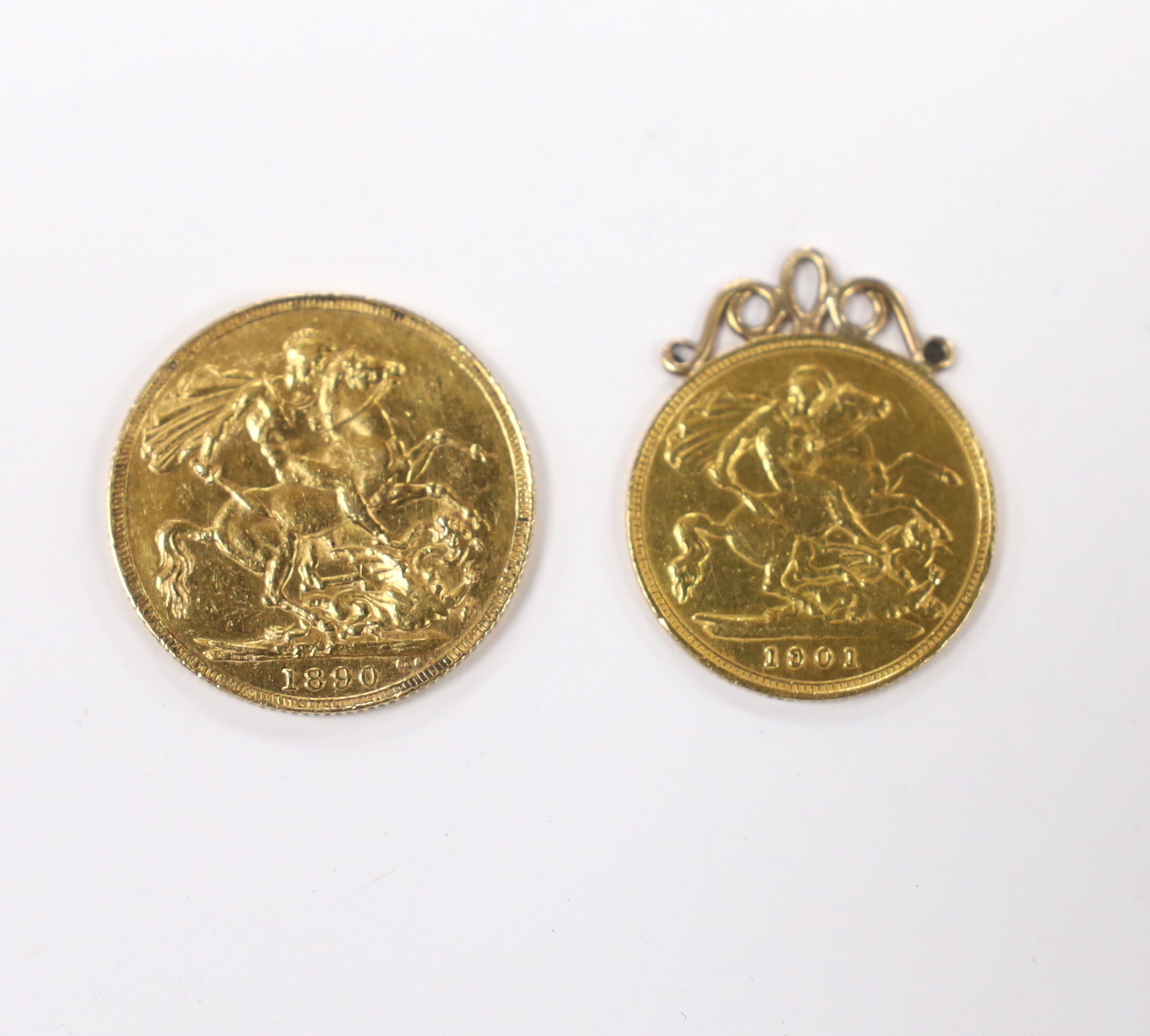 An 1890 gold sovereign and 1901 half sovereign in pendant mount.